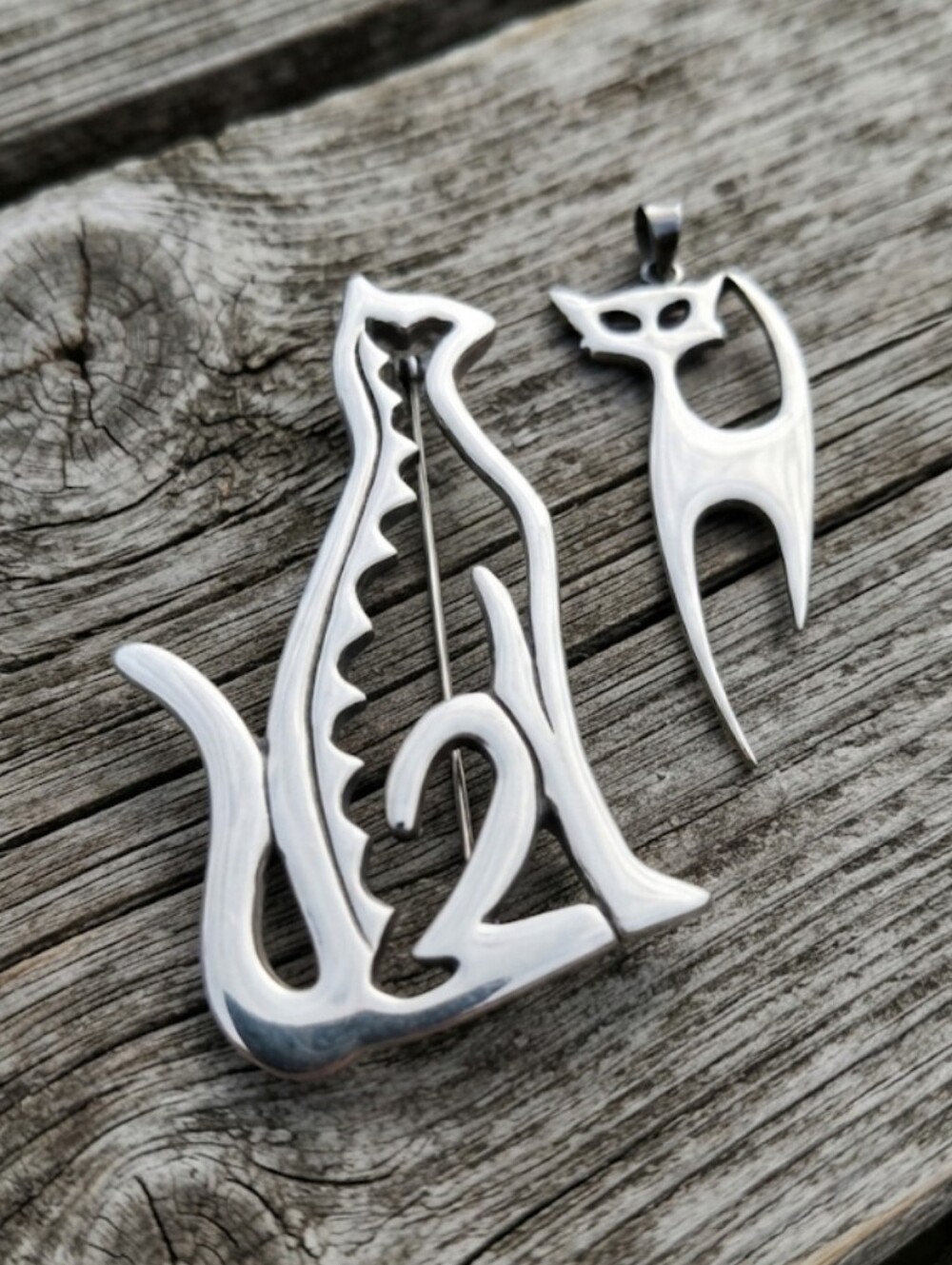 Sterling Silver Cat Pin & Pendant Set